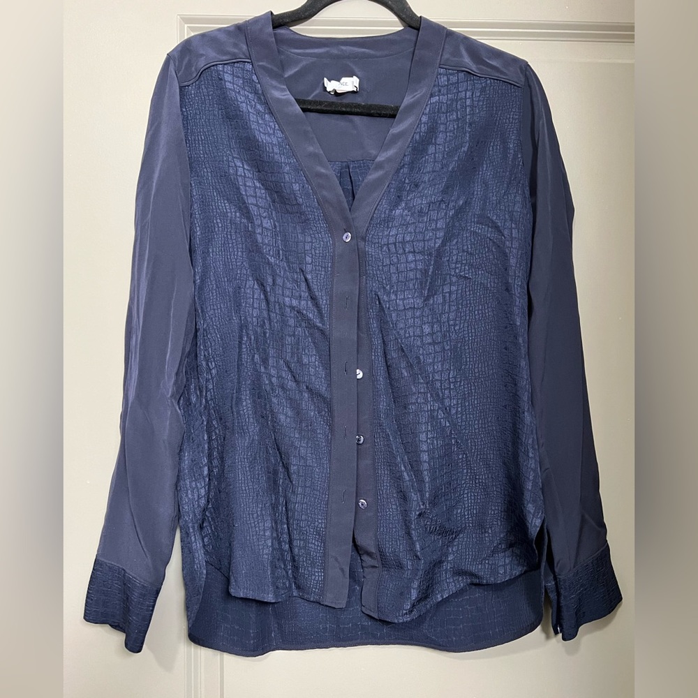Vince Navy Long-Sleeve Crocodile-Embossed Blouse Size S